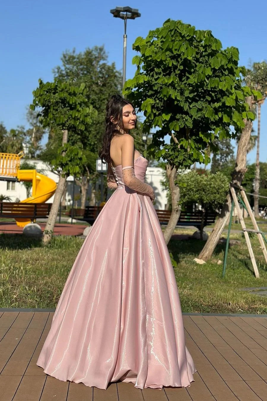 Charming Pink Strapless Beading A Line Long Prom Dress With Detachable Sleeves Y7645