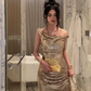 Champagne Off The Sequins Mermaid Prom Dress,Slit Long Prom Dress Y8340