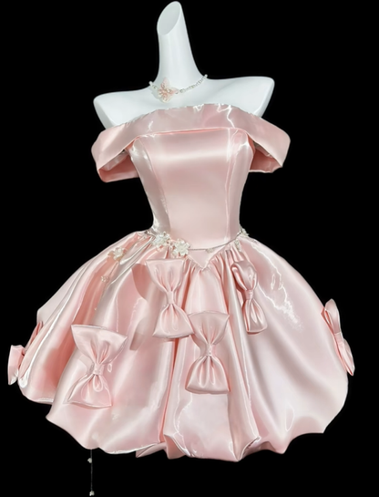 Cute Off The Shoulder Pink Satin Bow A Line Short Homecoming Dress Birthday Dress SP3526