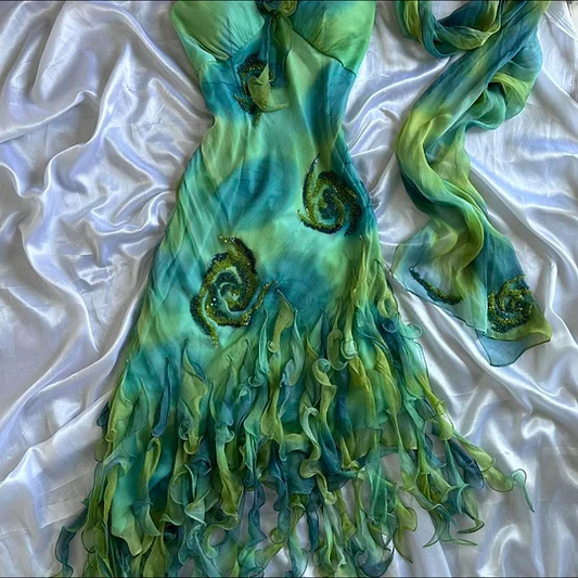 Unique Ombre Green Chiffon Ruffles Beaded Long Party Dress Evening Gowns Y9734