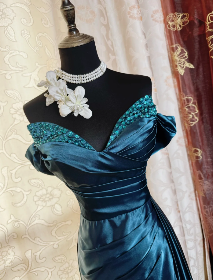 Gorgeous Navy Blue Off The Shoulder Satin Beaded Mermaid Long Evening Dress Formal Birthday Prom Dress SP1886