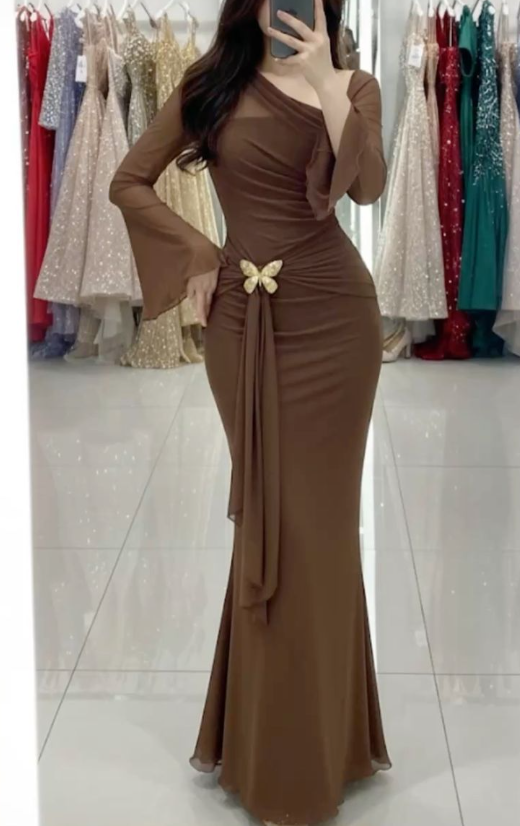 Elegant Brown Chiffon Pleated Mermaid Evening Dress Long Wedding Guest Dress SP701