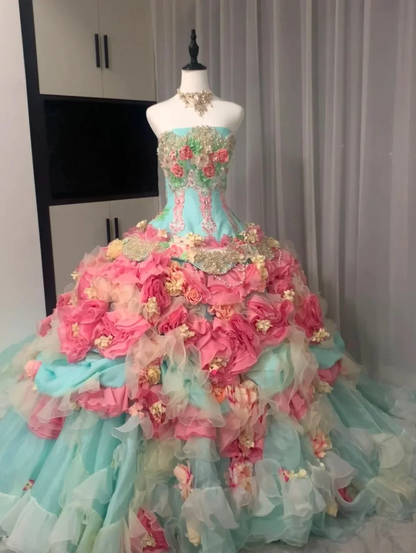 Colorful Ball Gown Strapless Tulle Floral Quinceanera Dress SP3833