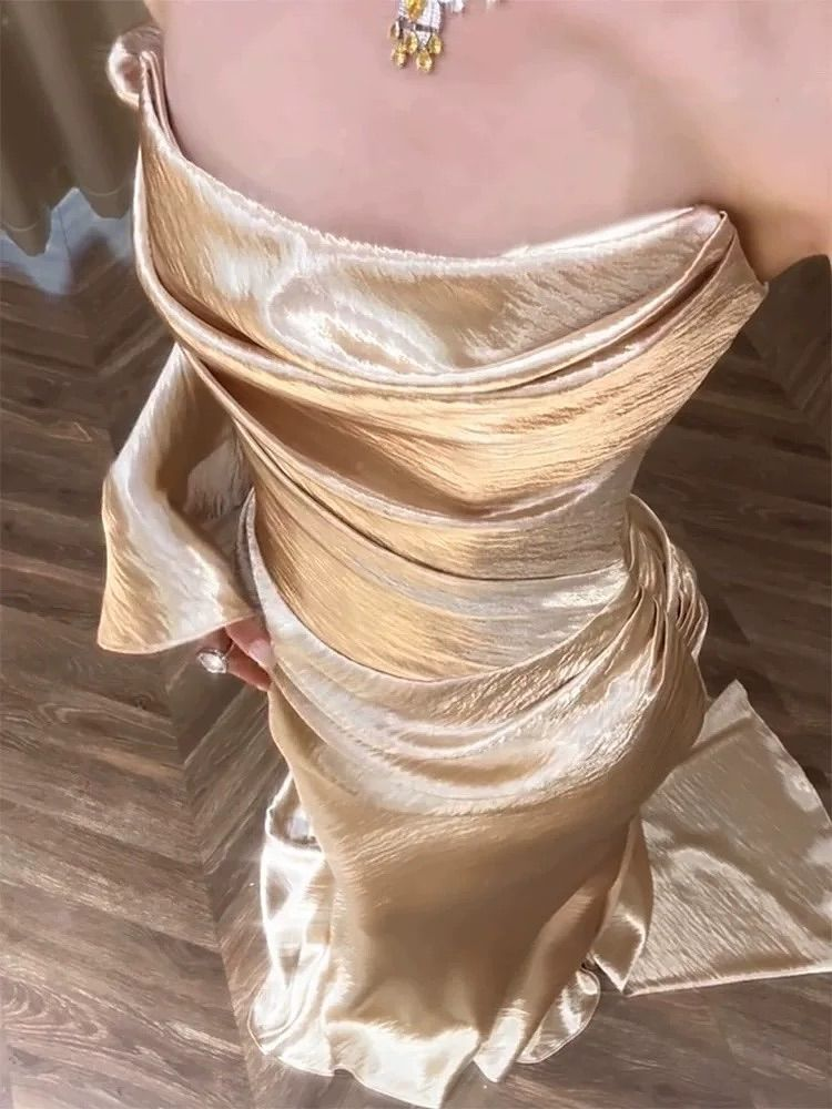 Chic Champagne Gold Satin Pleated Mermaid Long Party Dress Formal Wedding Guest Dress SP1090
