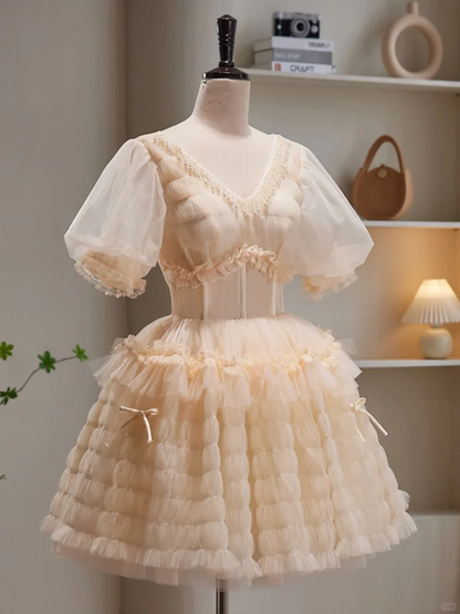 Cute V Neck Light Yellow Tulle Pleated Short 6th Grade Homecoming Dress Birthday Outfits Y9532