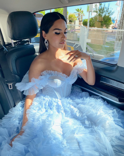 Charming Off The Shoulder Sky Blue Tulle Pleated Long Party Dress Birthday Outfits SP1129