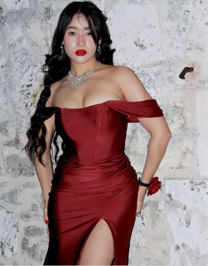 Elegant Burgundy Off The Slit Mermaid Evening Dress Formal Prom Dress Y8414