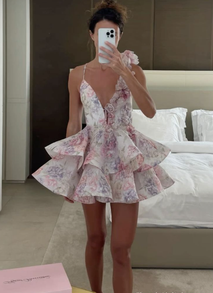 Pretty Pink Spaghetti Straps Print Floral A Line Birthday Outfits Formal Homecoming Dress Y9547