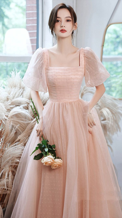 Pink tulle long A line prom dress pink evening gown Y1926