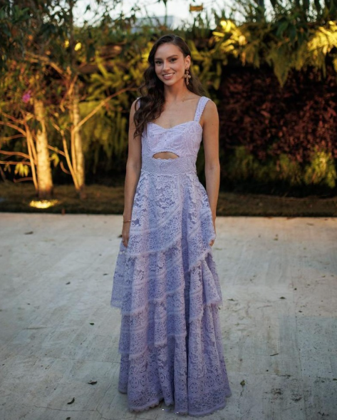 Classy Spaghetti Straps Lilac Lace Layered A Line Evening Dress Long Wedding Guest Dress SP983