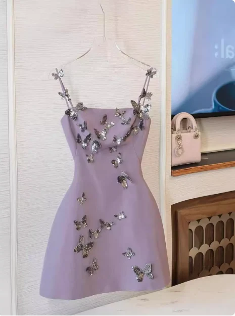 Classy Spaghetti Straps Purple Satin Sequin Butterflies Short Homecoming Dress Birthday Dress SP3271