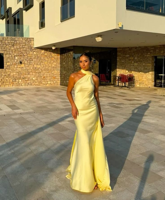 Simple Halter Yellow Satin Mermaid Evening Dress Long Prom Gowns SP401
