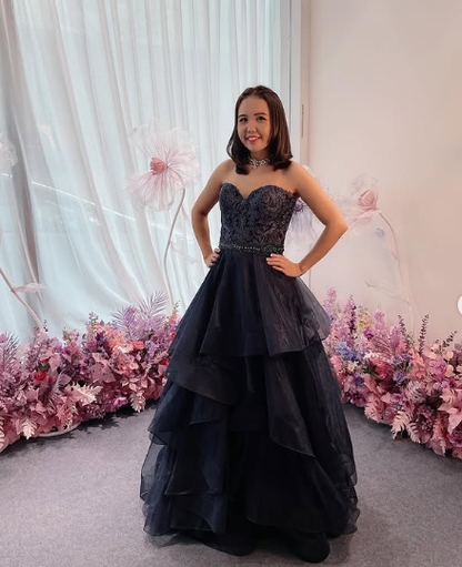 Dark blue lace tulle long ball for teens Prom Dresses Y5852