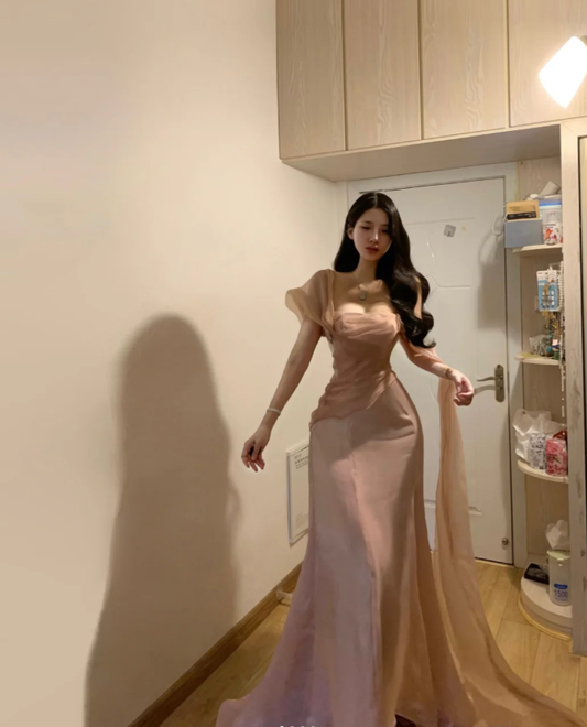 Elegant Pink Tulle Mermaid Long Party Gown Formal Guest Dress SP288