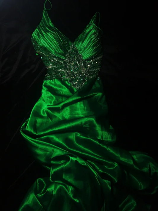 Classy V Neck Spaghetti Straps Green Satin Beaded Mermaid Birthday Prom Dress Evening Gown SP568