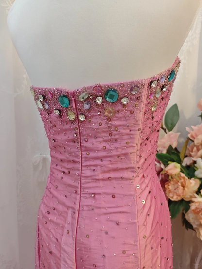 Gorgeous Strapless Pink Satin Pleated Mermaid Long Evening Dress 17th Birthday Dress With Beads SP2257