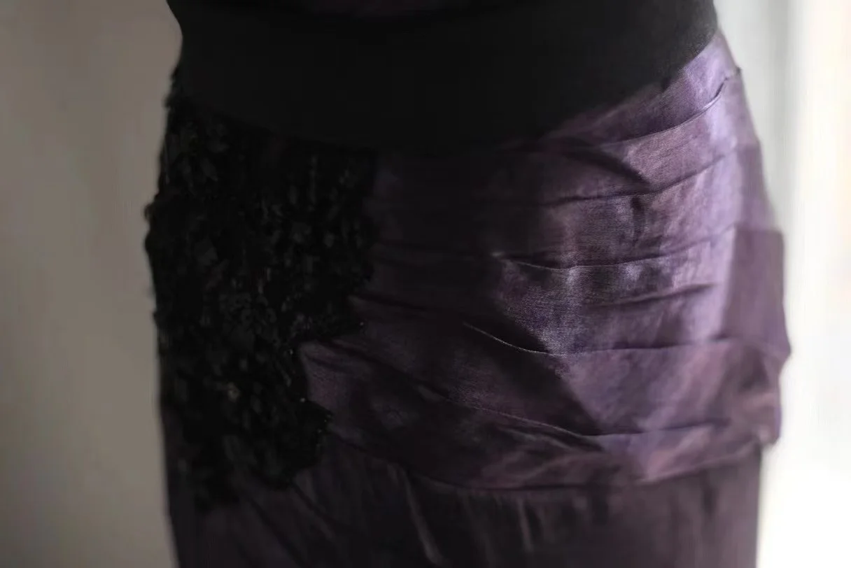 Vintage One Shoulder Purple Satin Beaded Mermaid Party Dress Long Birthday Prom Gown SP752