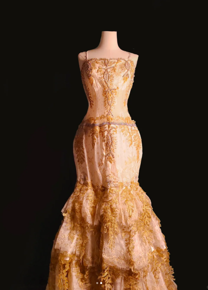 Vintage Spaghetti Straps Lace Beaded Layered Mermaid Evening Dress Prom Dress SP646