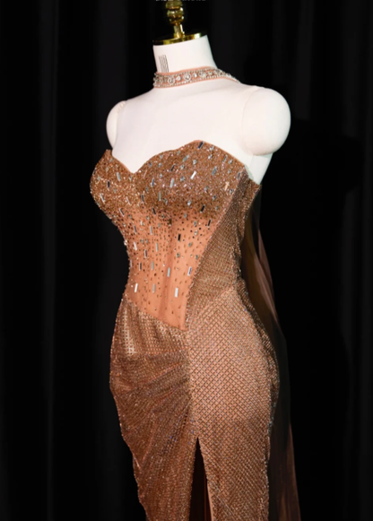 Gorgeous Strapless Sequin Beaded Slit Mermaid Evening Dress Long Prom Gowns With Scarf SP2234