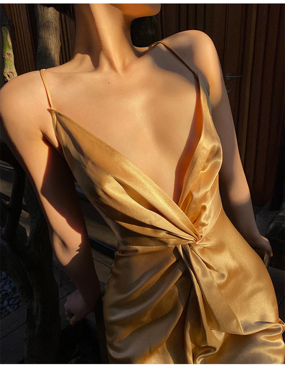 Sexy Halter V Neck Party Dress,Champagne Gold Prom Evening Dress Y8211