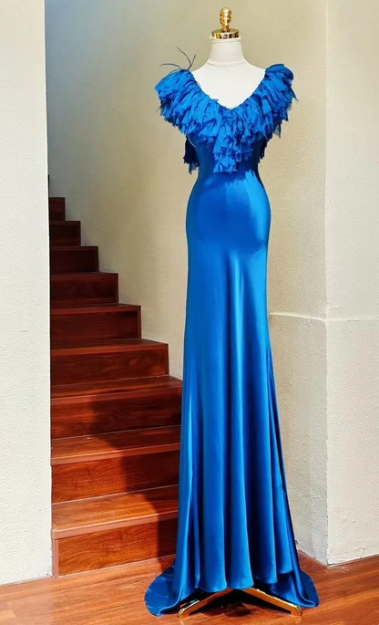 Vintage Satin Blue V-neck Mermaid Long Party Dress Backless Long Prom Dresses SP3840