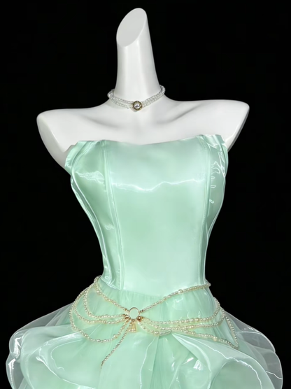 Classy Strapless Mint Green Tulle Pleated Short Homecoming Dress Cocktail Dress SP3541
