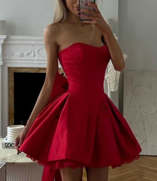Fashion Red Strapless Satin A Line Short Homecoming Dress Cocktail Dress Y9627