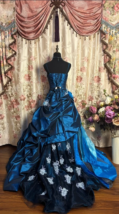 Retro Navy Blue Satin Pleated Lace Appliques Mermaid Prom Dress Formal Party Gown SP632