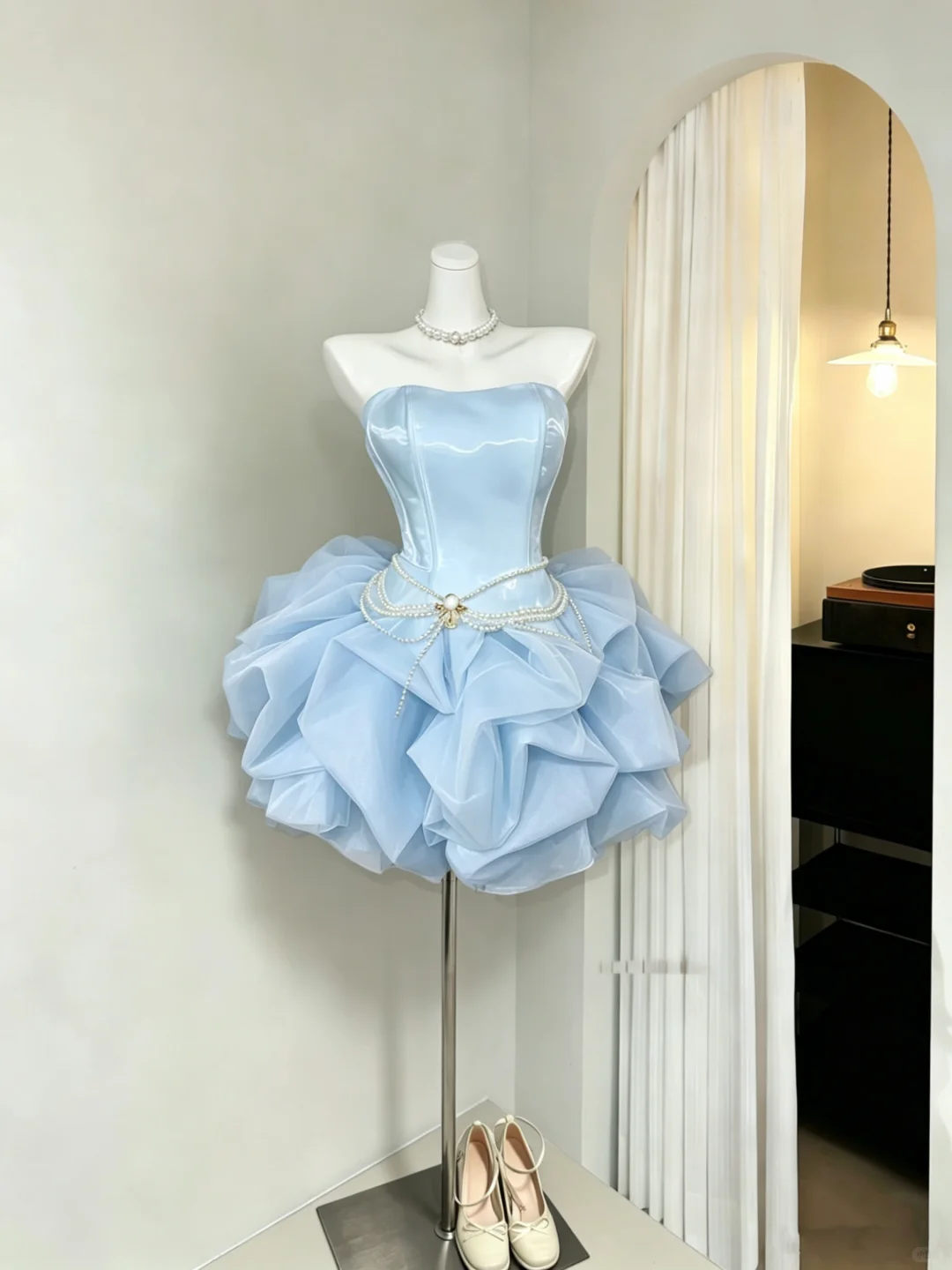 Elegant Strapless Blue Satin Tulle Pleated A Line Short Birthday Outfits Formal Graduation Homecoming Dress SP2625