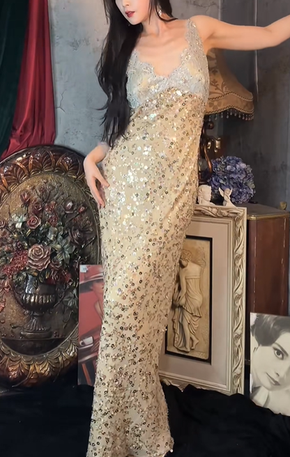 Sparkly V Neck Sequin Lace Mermaid Long Party Dress Birthday Prom Dresses SP1251
