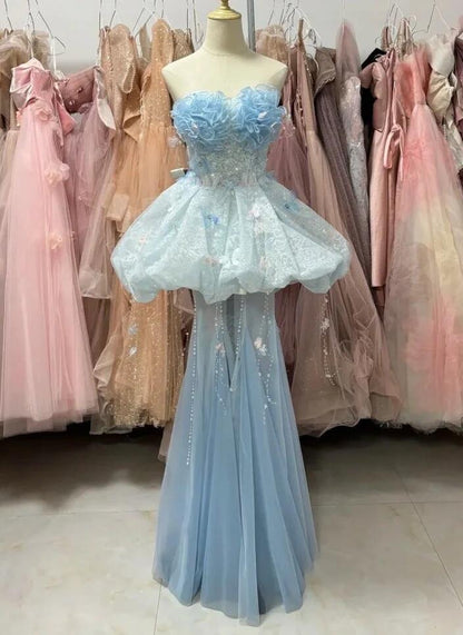 Fairy Strapless Tulle Lace Appliques Short 19th Birthday Outfits Light Blue Short Homecoming Dress SP3909