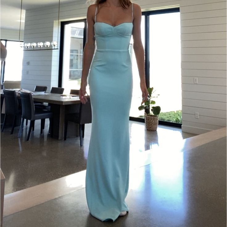 Elegant Blue Satin Spaghetti Straps Prom Dress Evening Dress Y8232