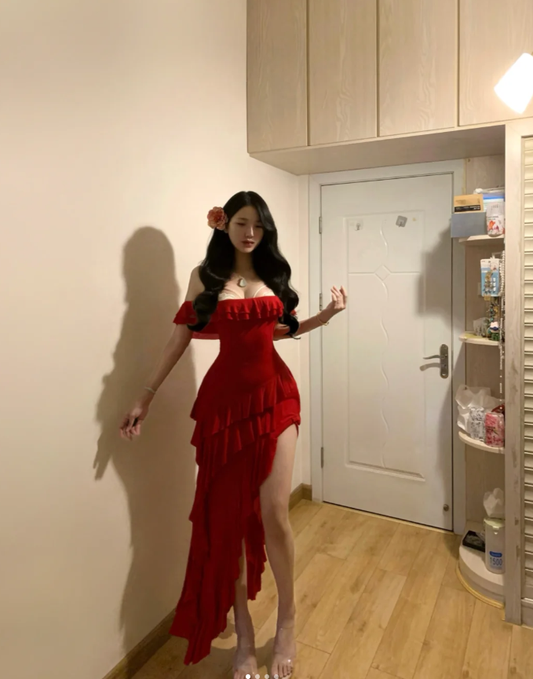 Sexy Red Strapless Strapless Chiffon Layered Ruffle Prom Dress Slit Long Party Dress SP287