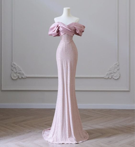 Flesh Pink Sequin Evening Gown Elegant Women's Off Shoulder Party Prom Evening Dress  Y6963