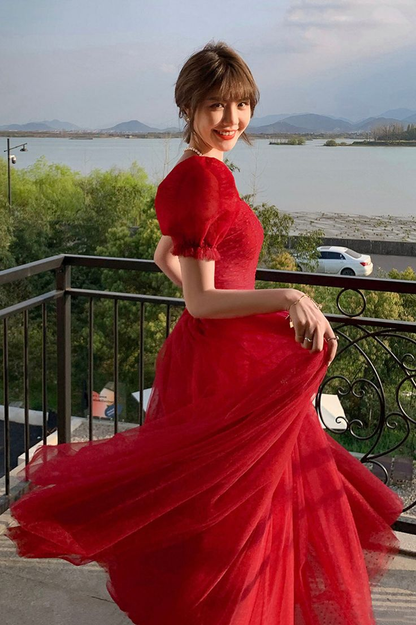 Pretty Red Tulle A Line Prom Dress Long Evening Dress Y7771