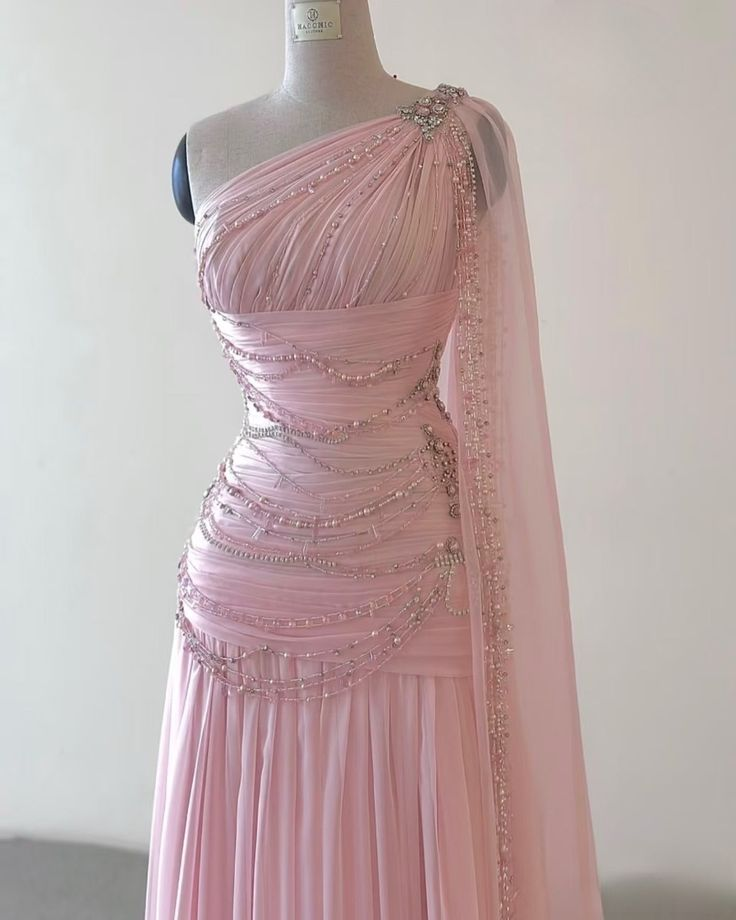 Classy One Shoulder Pink Long Chiffon Beaded Party Dress Prom Gown Y8772