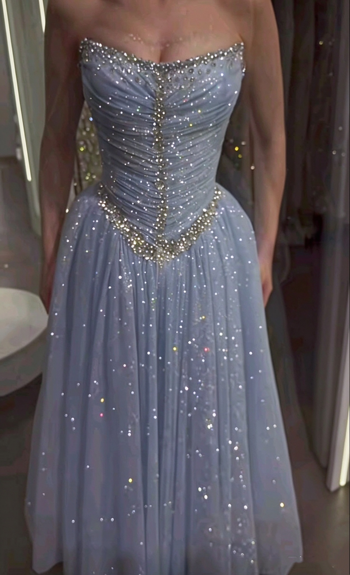 Glitter Strapless Light Blue Tulle Sequin Beaded A Line Long Party Dress Birthday Prom Gowns SP4147