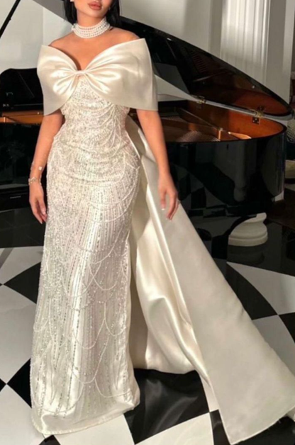 Elegant Ivory Bow Off The Shoulder Satin Sequin Beaded Long Evening Dress Prom Gown SP731