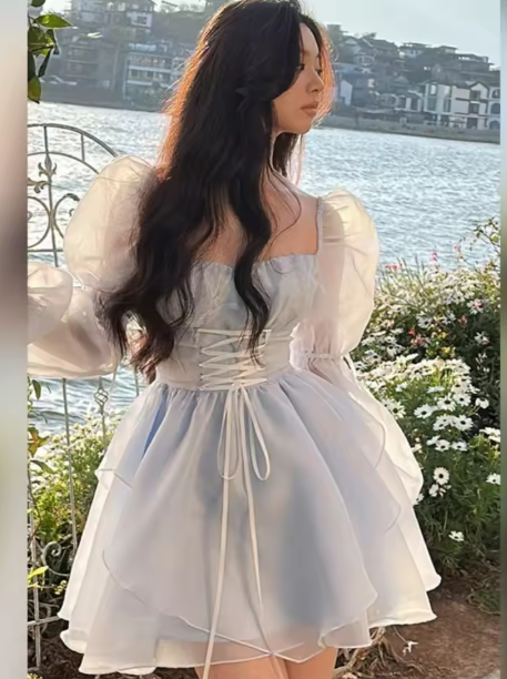 Blue A-line Princess Dress,Blue Long Sleeves Homecoming Dress,Blue Fairy Dress Y6083