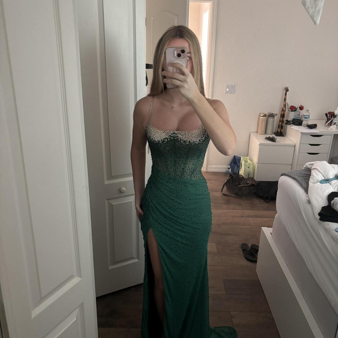 Classy Green Straps Chiffon Beaded Slit Mermaid Wedding Guest Dress Long Evening Dress SP466