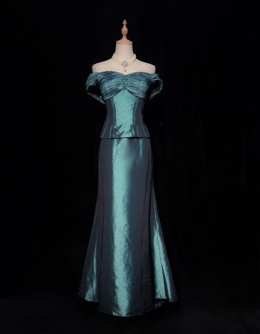 Retro Green Off The Shoulder Satin Pleated Mermaid Evening Dress Long Wedding Guest Dress SP1787