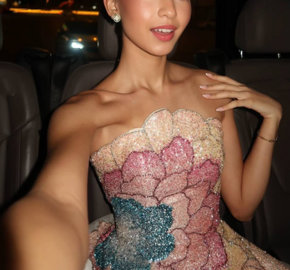 Classy Strapless Satin Sequin Long Evening Dress Formal Birthday Prom Dress SP575