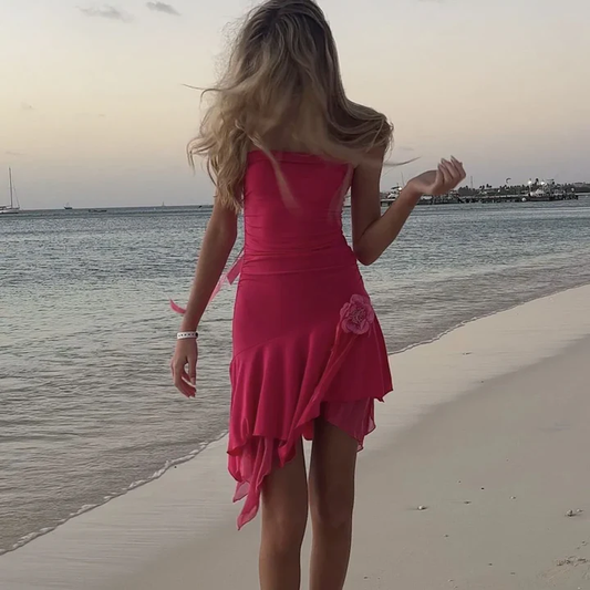 Cute Pink Strapless Chiffon A Line Short Birthday Outfits Formal Graduation Homecoming Dress Y9594