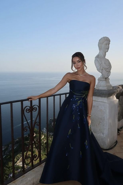 Elegant Strapless Navy Blue Satin Long Party Dress Birthday Prom Dresses SP4141