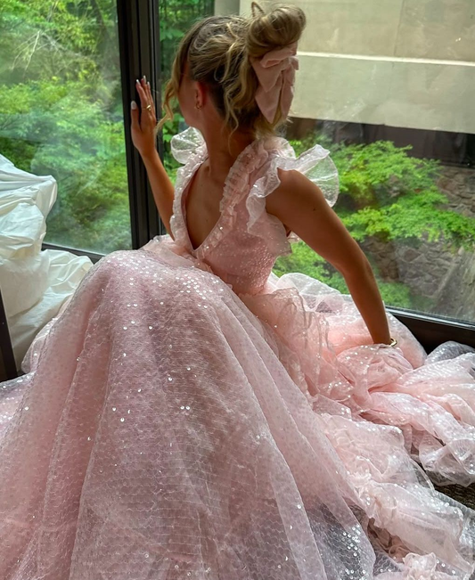 Gorgeous V Neck Pink Tulle Sequin Ruffle Long Wedding Guest Dress Birthday Party Dress SP1083