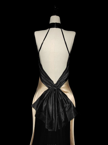 Vintage Champagne Halter Backless Long Wedding Guest Dress Mermaid Evening Dress SP476