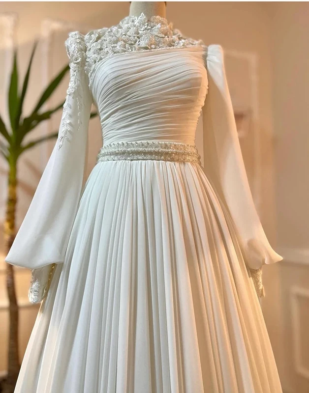 Muslim Wedding Dress Long Sleeves With Pearls Chiffon Appliques Long Pleated Bridal Gowns Y6727