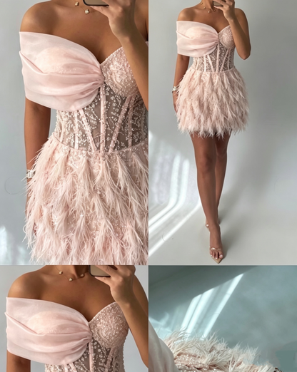 Charming Pink Off The Shoulder Tulle Beaded Feathers Short Graduation Homecoming Dress Birthday Dress SP3142