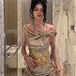 Champagne Off The Sequins Mermaid Prom Dress,Slit Long Prom Dress Y8340