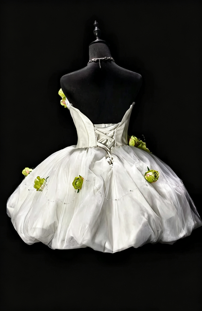 Cute White Strapless Satin Tulle Beaded 3D Floral A Line Short Homecoming Dress Birthday Dress SP3182